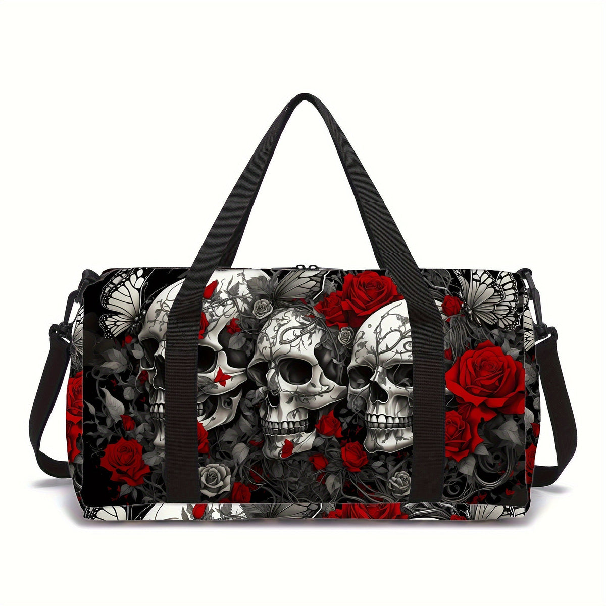 Carry-On Luggage Duffel in Lightweight Polyester with Skull-Rose Print and Black Finish for Gym and Travel