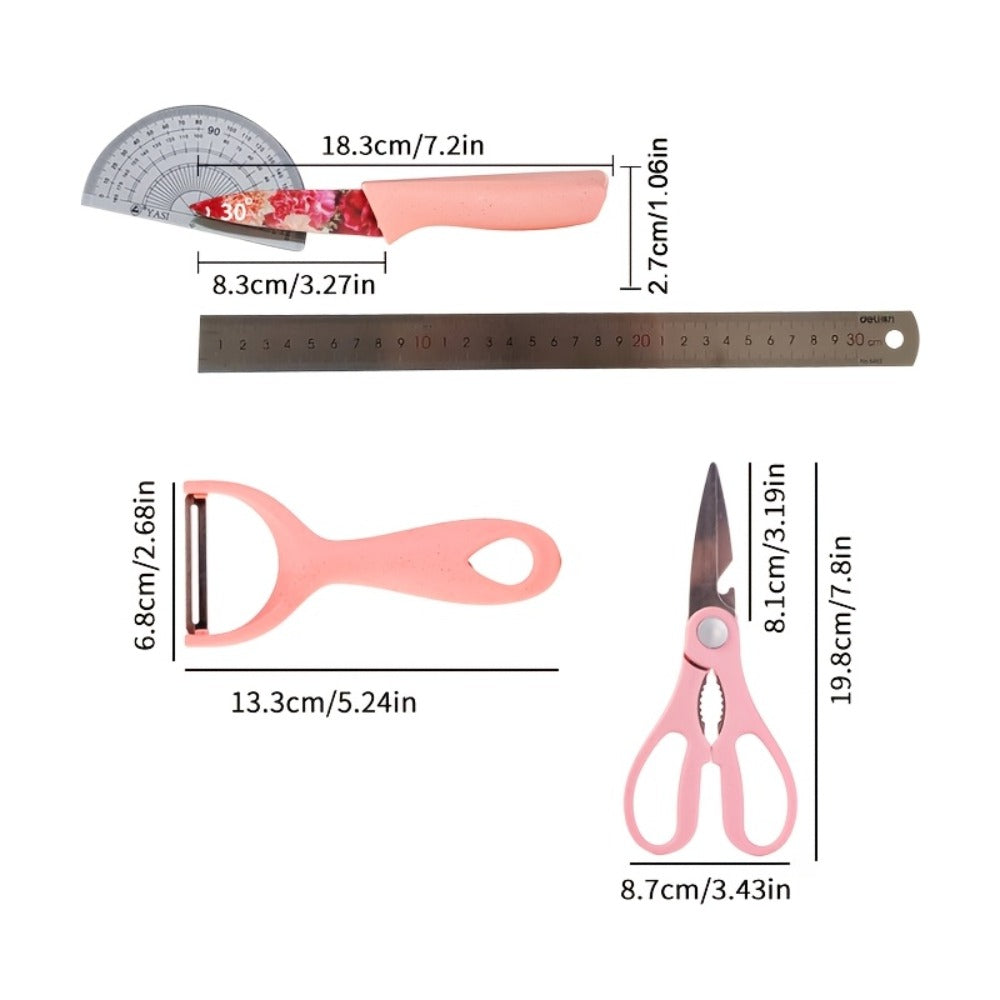Kitchen Knife Set 6-Piece Floral High-Carbon Stainless Steel with Cleaver, Bread Knife, Shears and Peeler