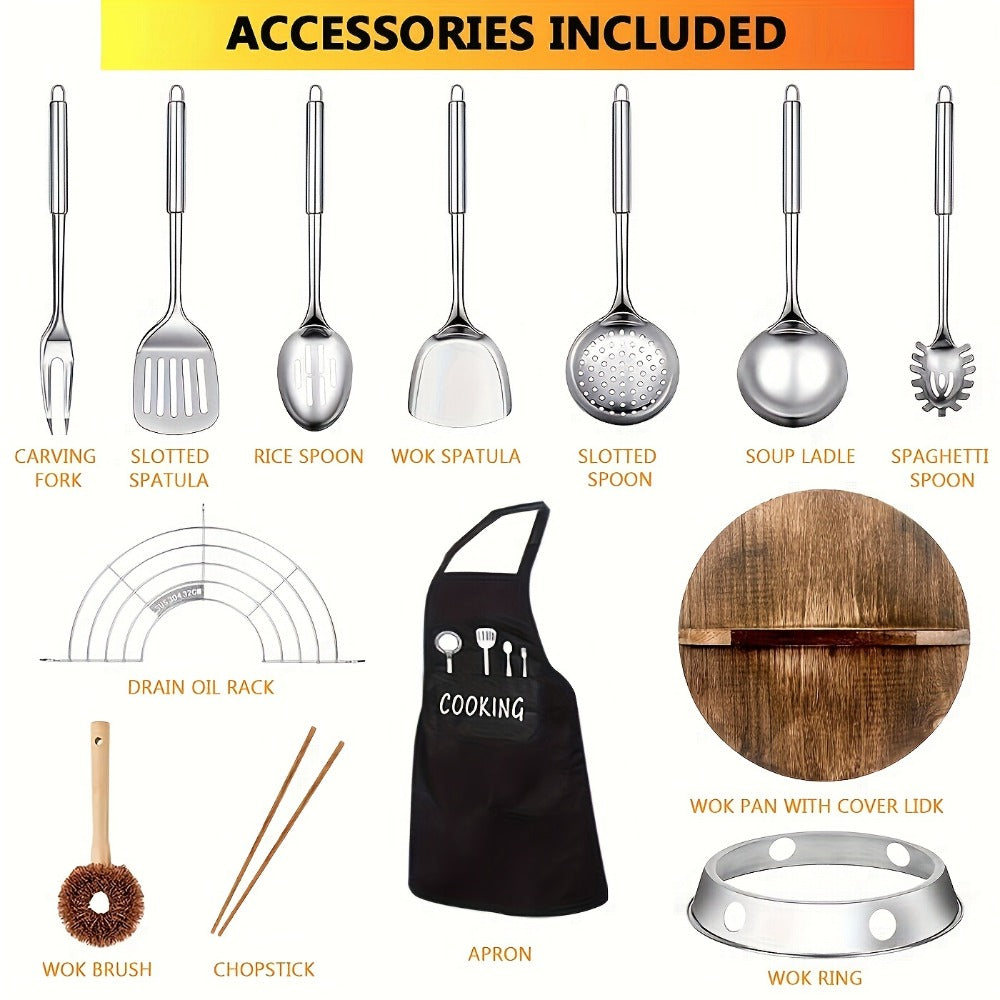 Carbon Steel Wok Set with Lid and 14-Piece Accessory Kit, 12.6 Inch Stir-Fry Pan with Spatula, Brush, Ring and Utensils