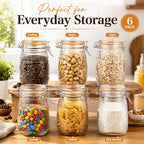 Mason Jars 6-Pack, 32 oz Wide-Mouth Glass Canisters with Hinged Lids and Sunflower Pattern for Coffee, Sugar, Beans and Spices