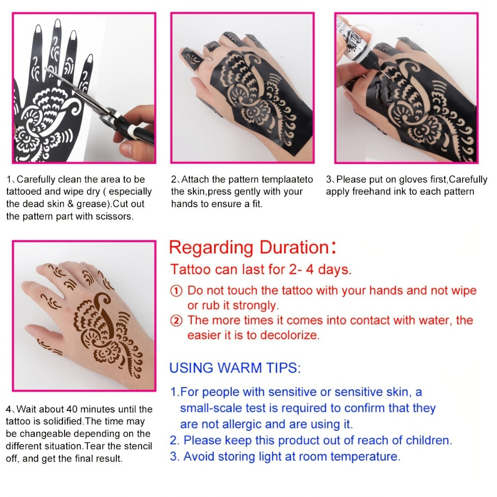 Tattoo Stencil Kit with Brown Paste Ink & Flash Spray, Pre-Cut Hollow Template DIY Freehand Henna Style