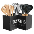 Utensil Caddy Kitchen Organizer 3-Compartment Solid Wood Countertop Holder in Black Farmhouse Style