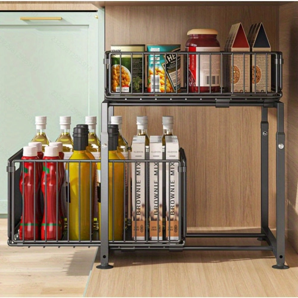 Under Sink Organizer 2-Tier Slide Out Pull Out Drawer Metal Basket Height Adjustable – Under Sink Cabinet Organizer for Kitchen Bathroom