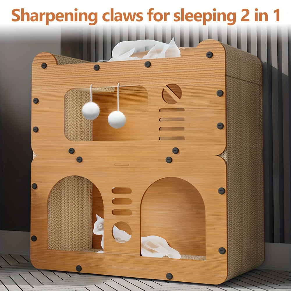 Double- or Three-Level Cat Tree Condo with Wood-Look Panels, Doorway Cutouts and Scratch Liners