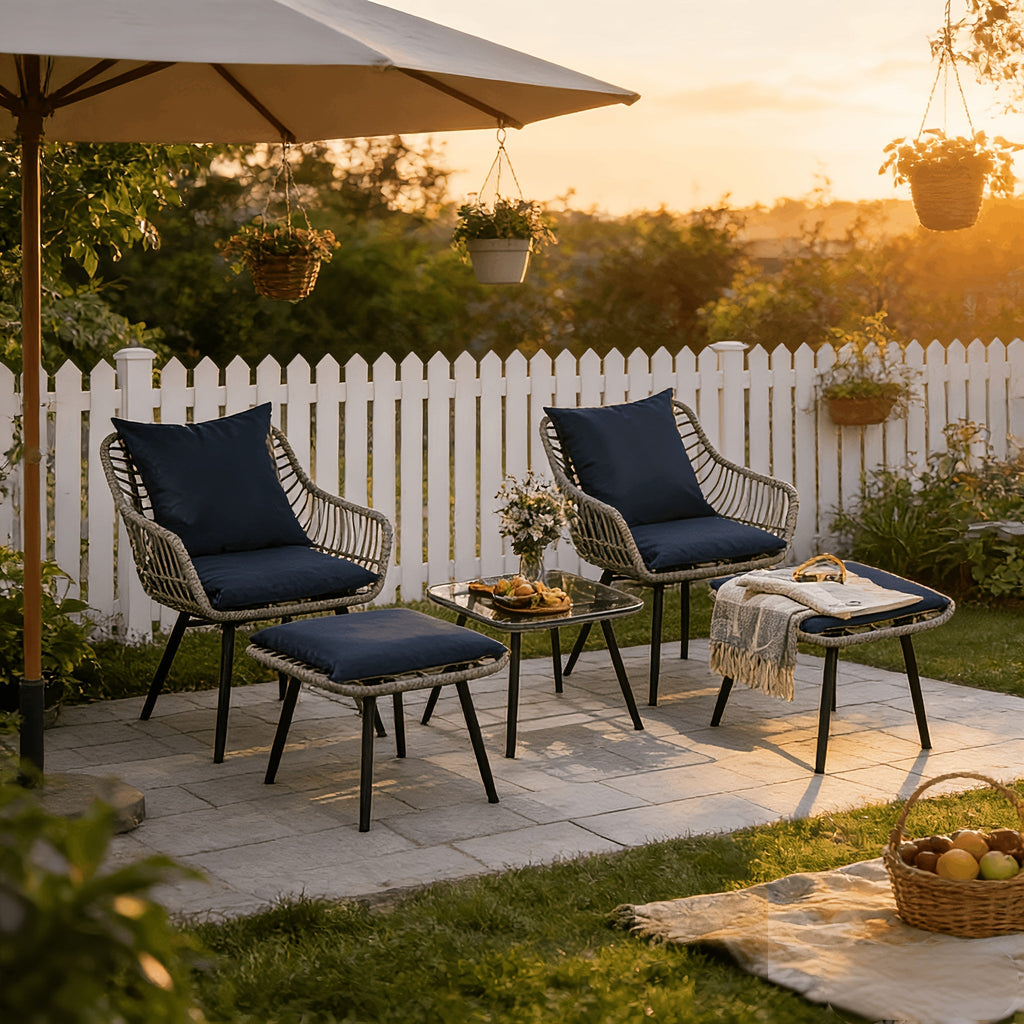 Five-Piece PE Rattan Patio Set with Two Chairs, Two Footstools, Round Glass Table and Gray-Blue Cushions