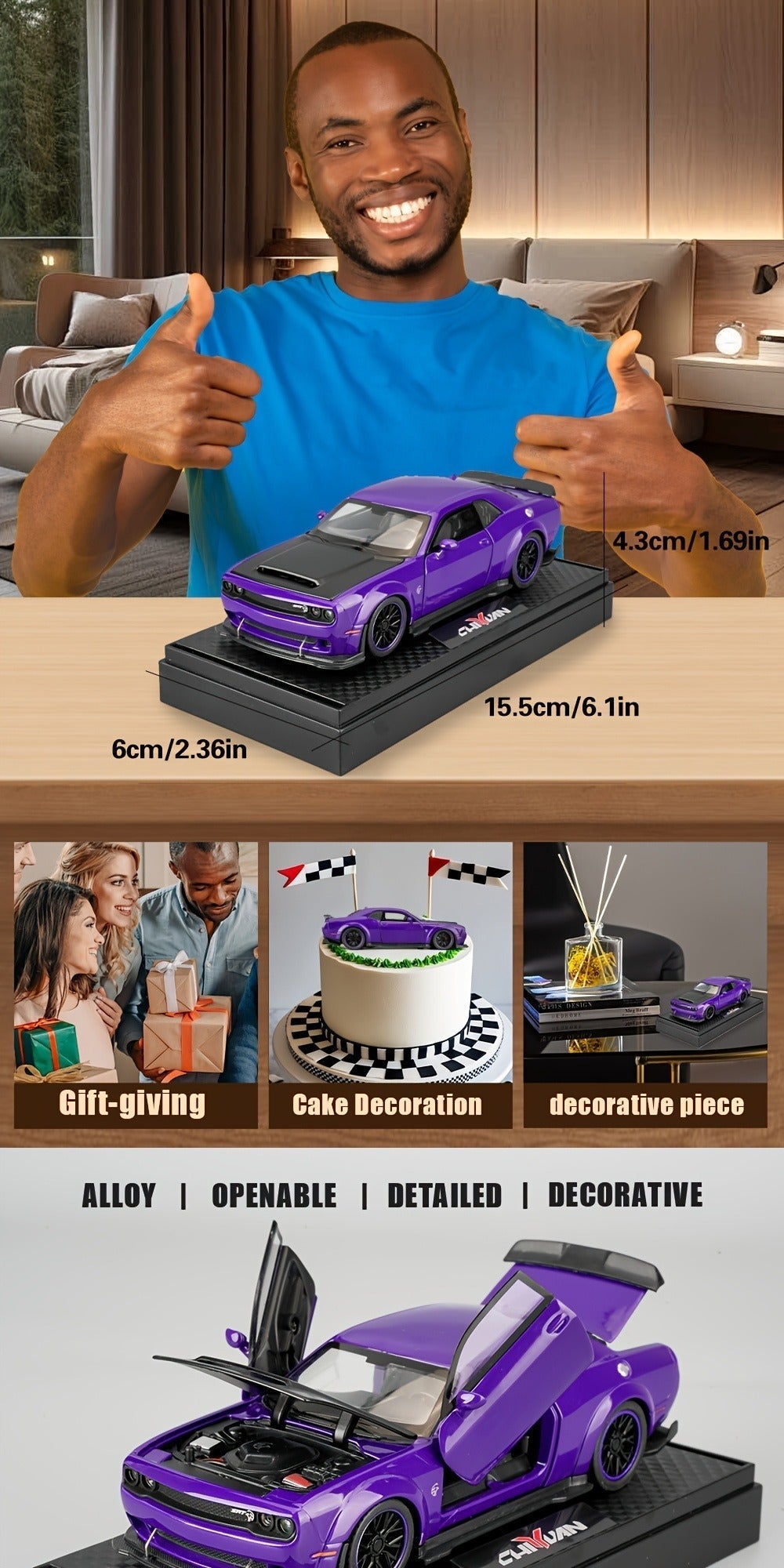 Purple Dodge Sports Car Zinc Alloy Diecast Model with Display Base & Openable Doors, High Simulation Static Display Collectible
