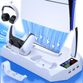 Five-in-One Console Stand Compatible with PS5 Models, Dual Controller Dock, Fan, USB Hub and Headset Holder