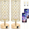 Crystal Cylinder Bedside Table Lamp with Dual USB Ports in Three Finishes and One- or Two-Pack Options