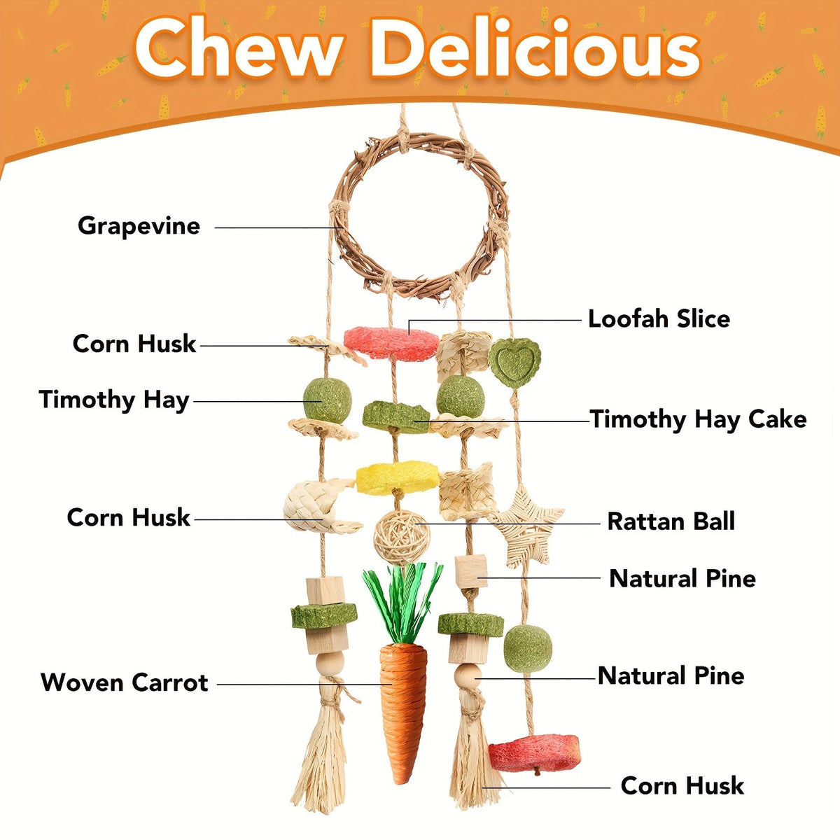 Small Animal Chew Toys 2 Pack – Rattan Ring Hanging Cage Toys with Natural Snacks for Rabbits Guinea Pigs Chinchillas Hamsters Rats