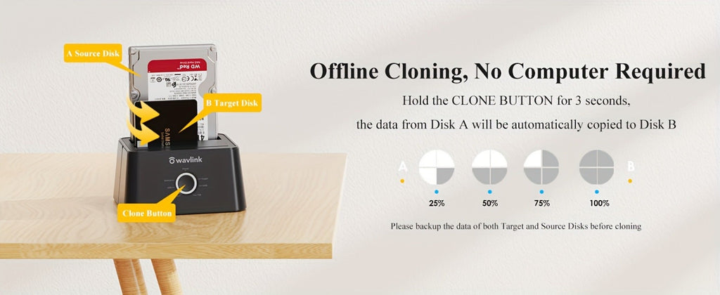 Dual Bay Hard Drive Docking Station USB 3.0 to SATA with Offline Clone Function, Wavlink Tool-Free Dock for 2.5/3.5 Inch HDD SSD