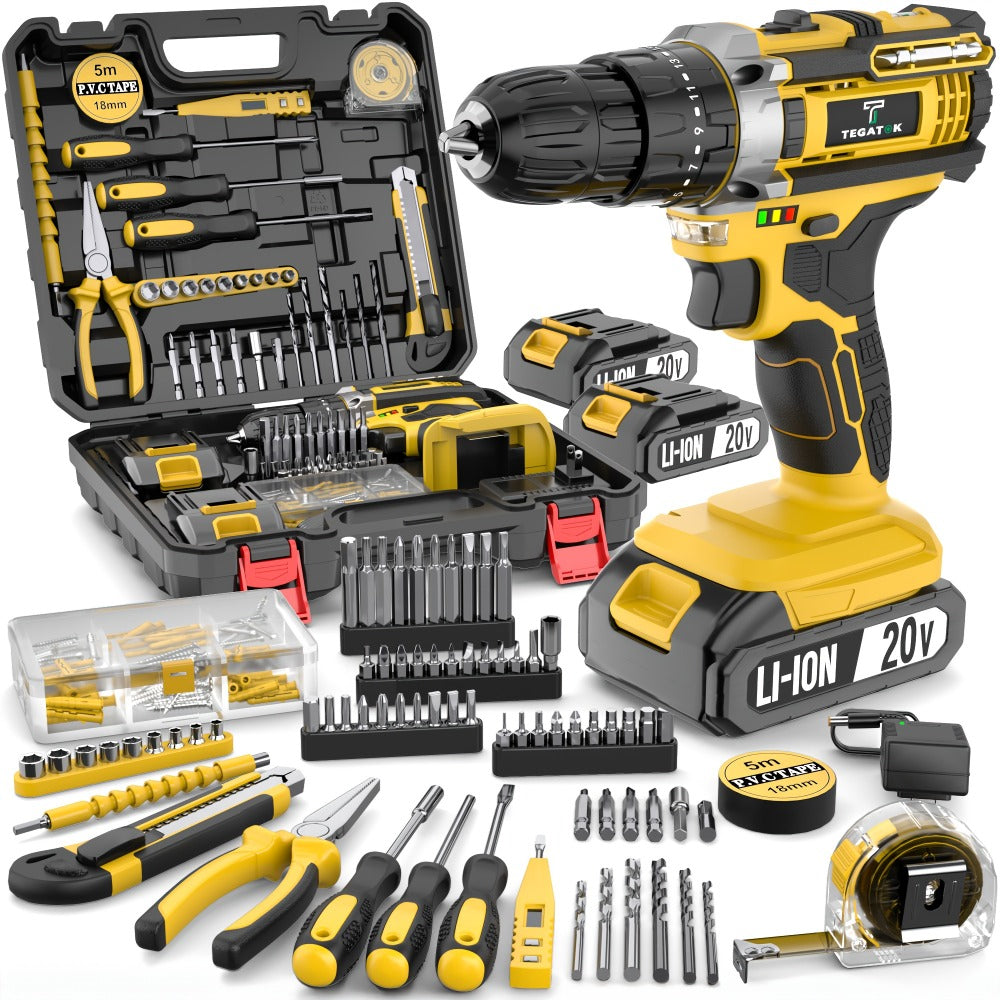 Cordless Drill Set 20V - Tegatok Impact Drill Kit with 45Nm Torque, 23-Speed Settings, LED Light
