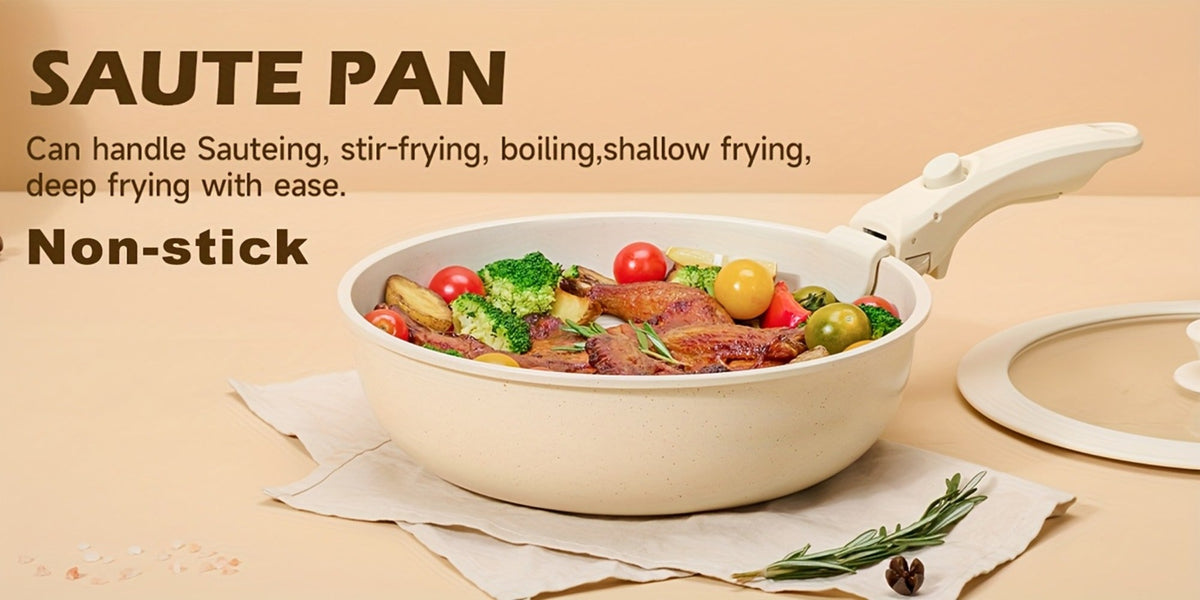 Cookware Set A Dinnerware 16- or 26-Piece Detachable-Handle Pots and Pans in Black or Beige for Compact Storage