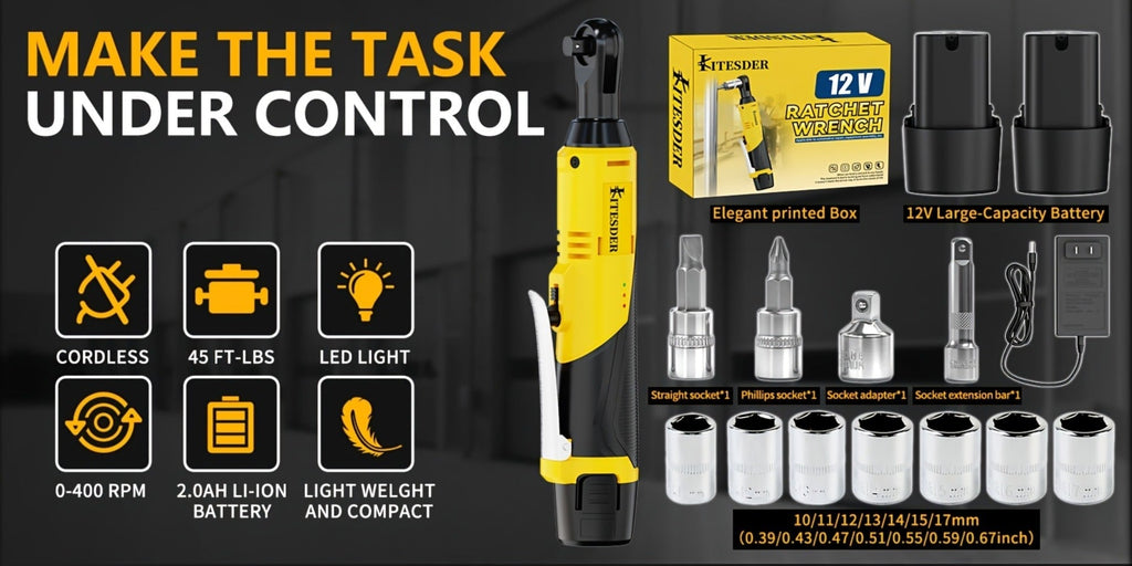 12V Electric Ratchet Wrench Set 400 RPM, 3/8" Cordless Power Ratchet Tool Kit with Variable Speed
