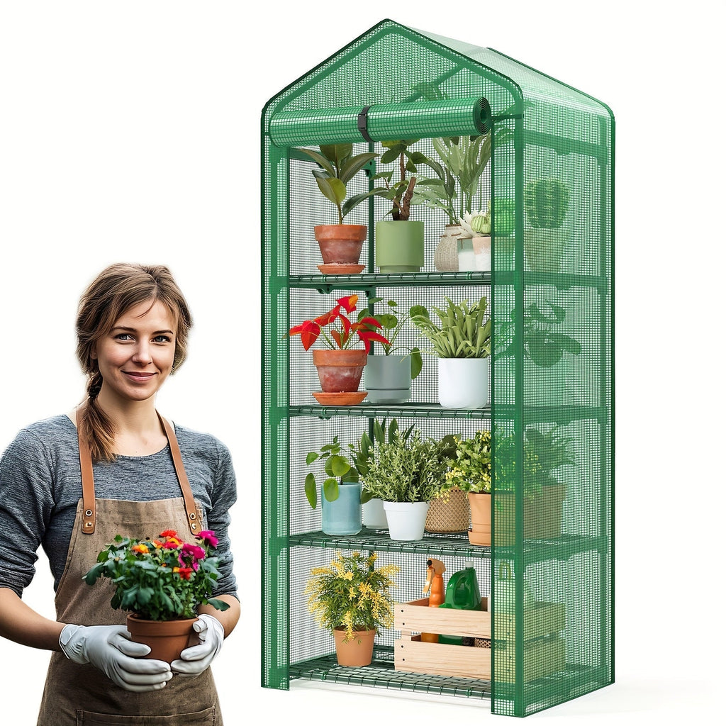 4 Tier Mini Greenhouse for Indoor Outdoor Plants, Portable PE Cover Greenhouse with Rack Stand for Seedlings