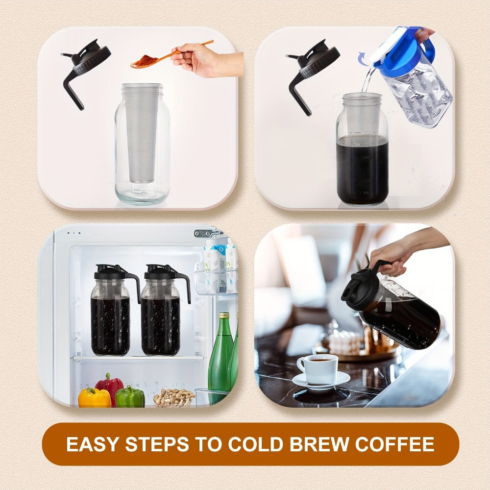 Cold Brew Coffee Pot Set with Stainless Steel Filters & Cleaning Brush – 32oz Glass Mason Jar Cold Brew Maker for Home
