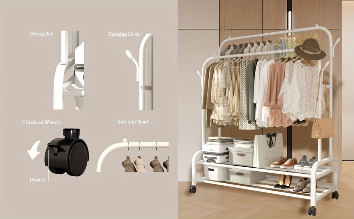 Double Rod Clothes Rack with Wheels Metal Garment Rack with Shelves and Hooks Portable Closet Organizer for Bedroom Living Room Gold