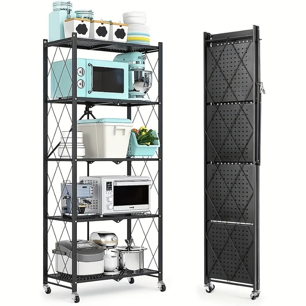 Storage Rack 3-5 Tier Foldable Shelving Unit with Wheels – Portable Multi-Layer Floor Standing Utility Shelf Organizer for Bedroom Closet