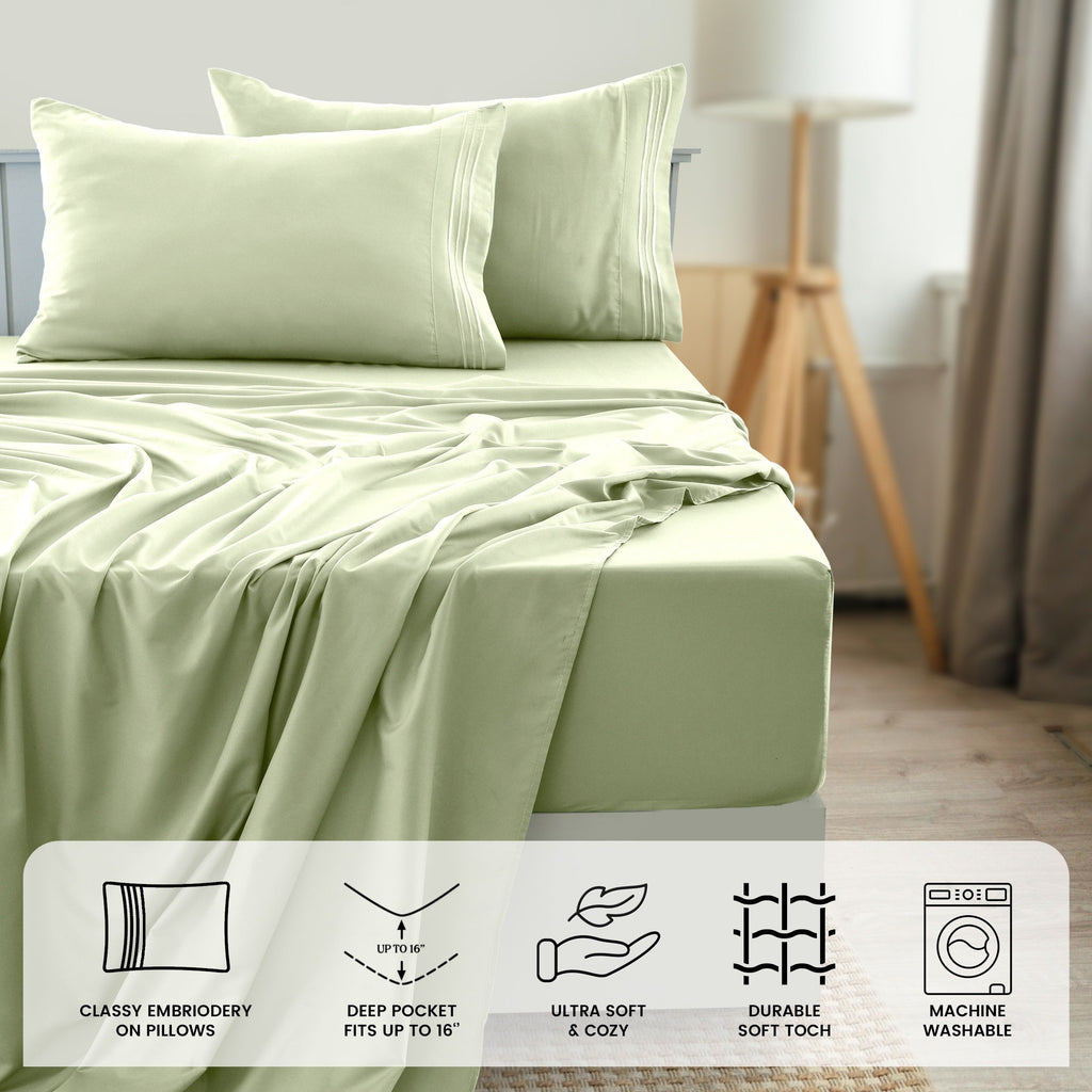 Fitted Sheet Set 6-Piece Brushed Polyester Deep Pocket Bed Sheets 20 Colors Hotel Luxury Bedding with Embroidered Pillowcases
