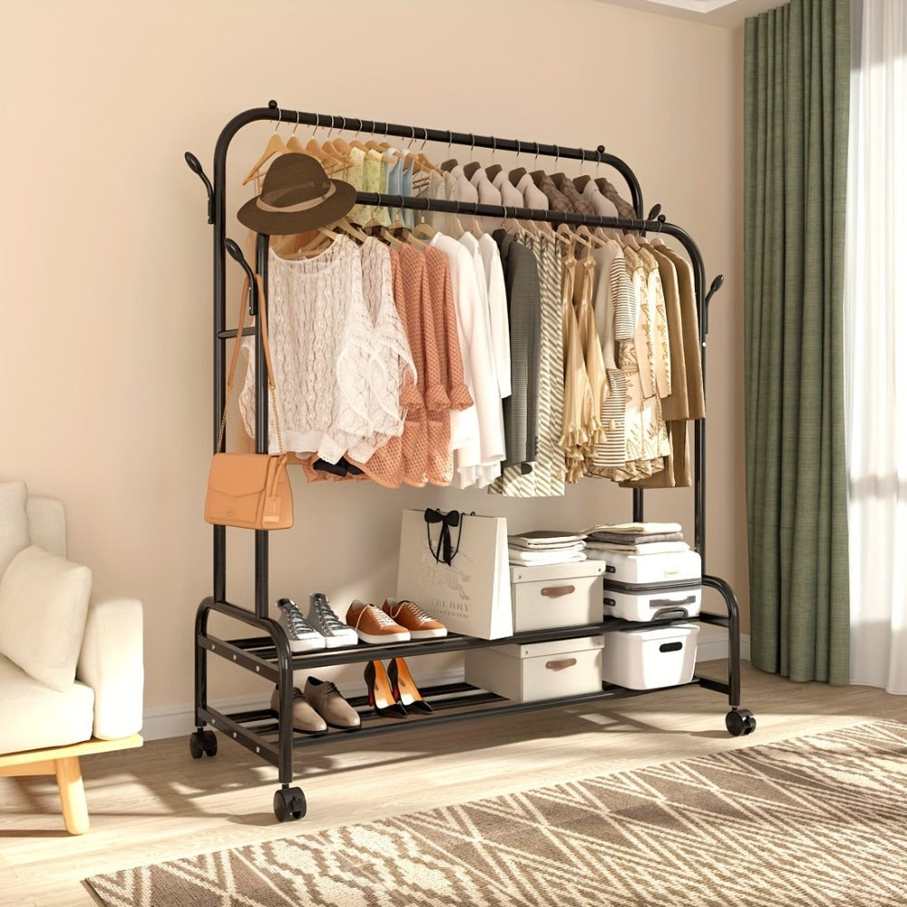 Black or Gold-Color Double-Rod Clothing Rack with Wheels, Side Hooks and 150 x 110 x 46 cm Frame