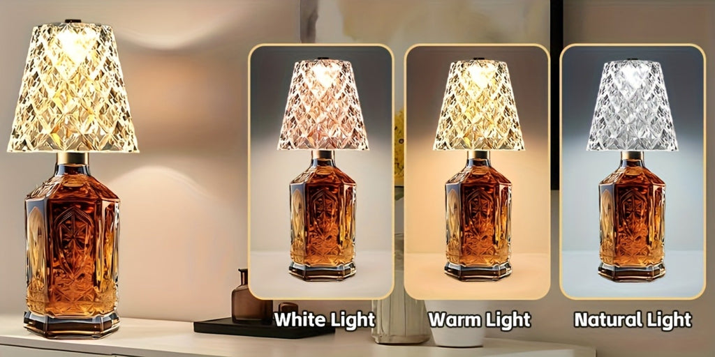 Rechargeable LED Bottle Table Lamp 2 Pack – Crystal Acrylic Wine Bottle Design, 2000mAh Cordless, 3 Color Modes