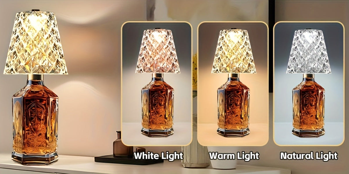 Rechargeable LED Bottle Table Lamp 2 Pack – Crystal Acrylic Wine Bottle Design, 2000mAh Cordless, 3 Color Modes