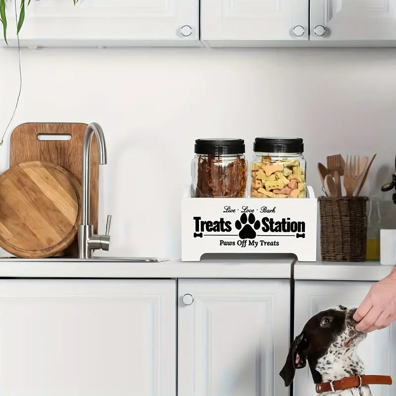 Dog Treat Storage Container Set – Rustic Wooden Organizer with 2 Plastic Treat Bins, Airtight Pet Food Storage for Kitchen Counter