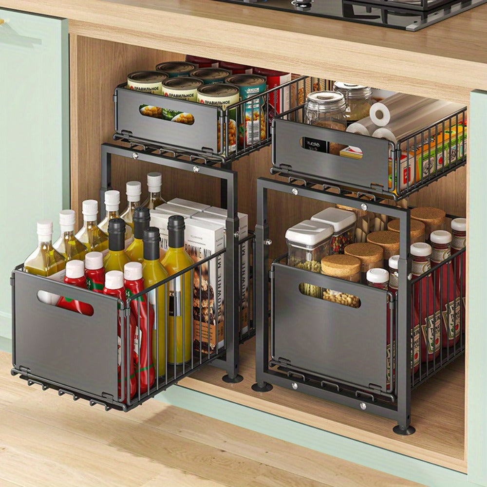 Under Sink Storage Organizer 2-Tier Metal Slide-Out Shelf for Kitchen or Bathroom Cabinet Use