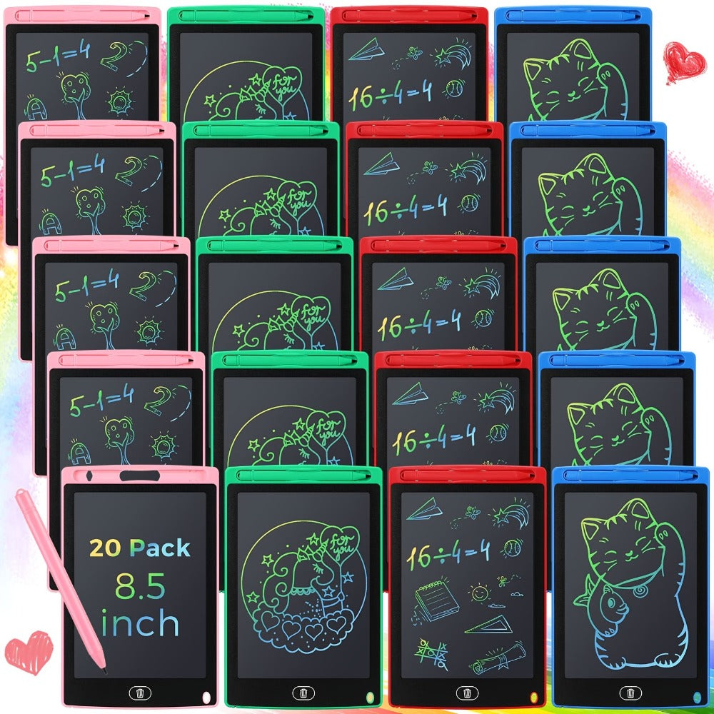 20-Pack 8.5-Inch LCD Writing Tablet Set in Blue, Red, Green and Pink with Matching Styluses