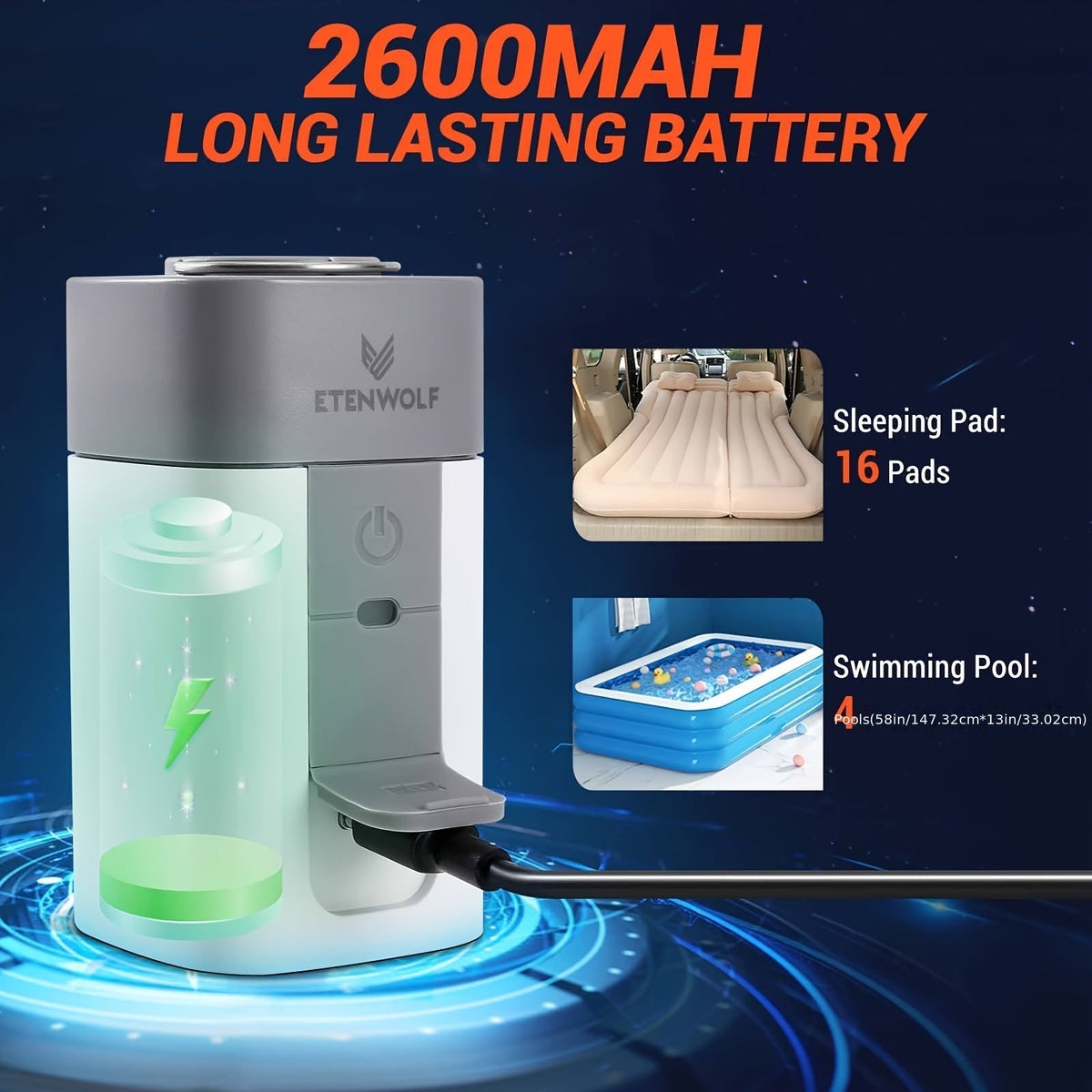 2600mAh Portable Electric Air Pump Super Fast Inflation for Air Cushion Vacuum Storage Bags Swimming Ring Sleeping Bag