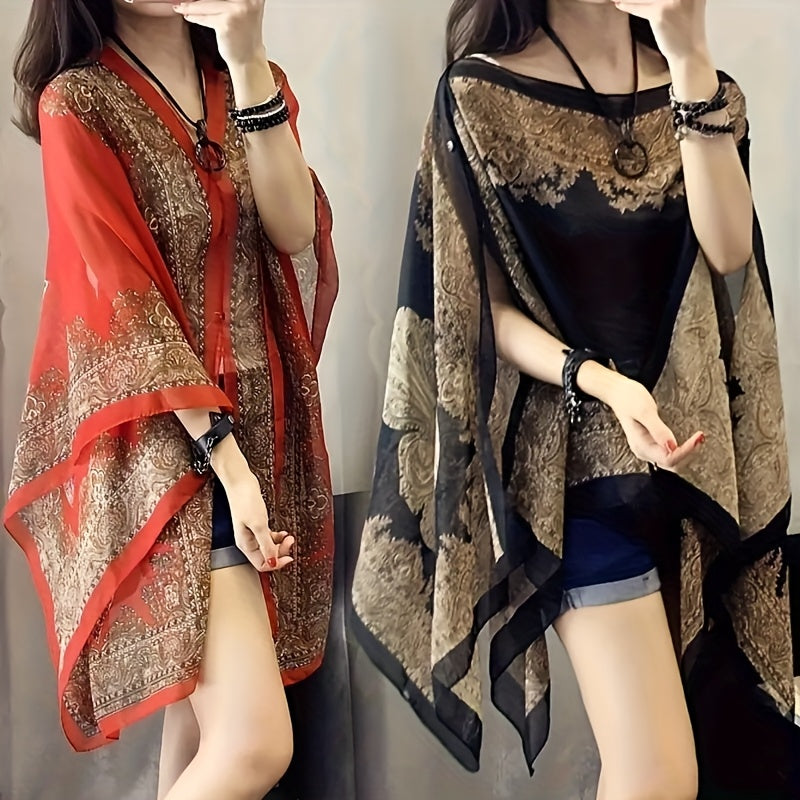 Chiffon Shawl – 2pcs Set for Women – Boho Paisley Print Lightweight Sunscreen Beach Cover-Up Wrap, 100%