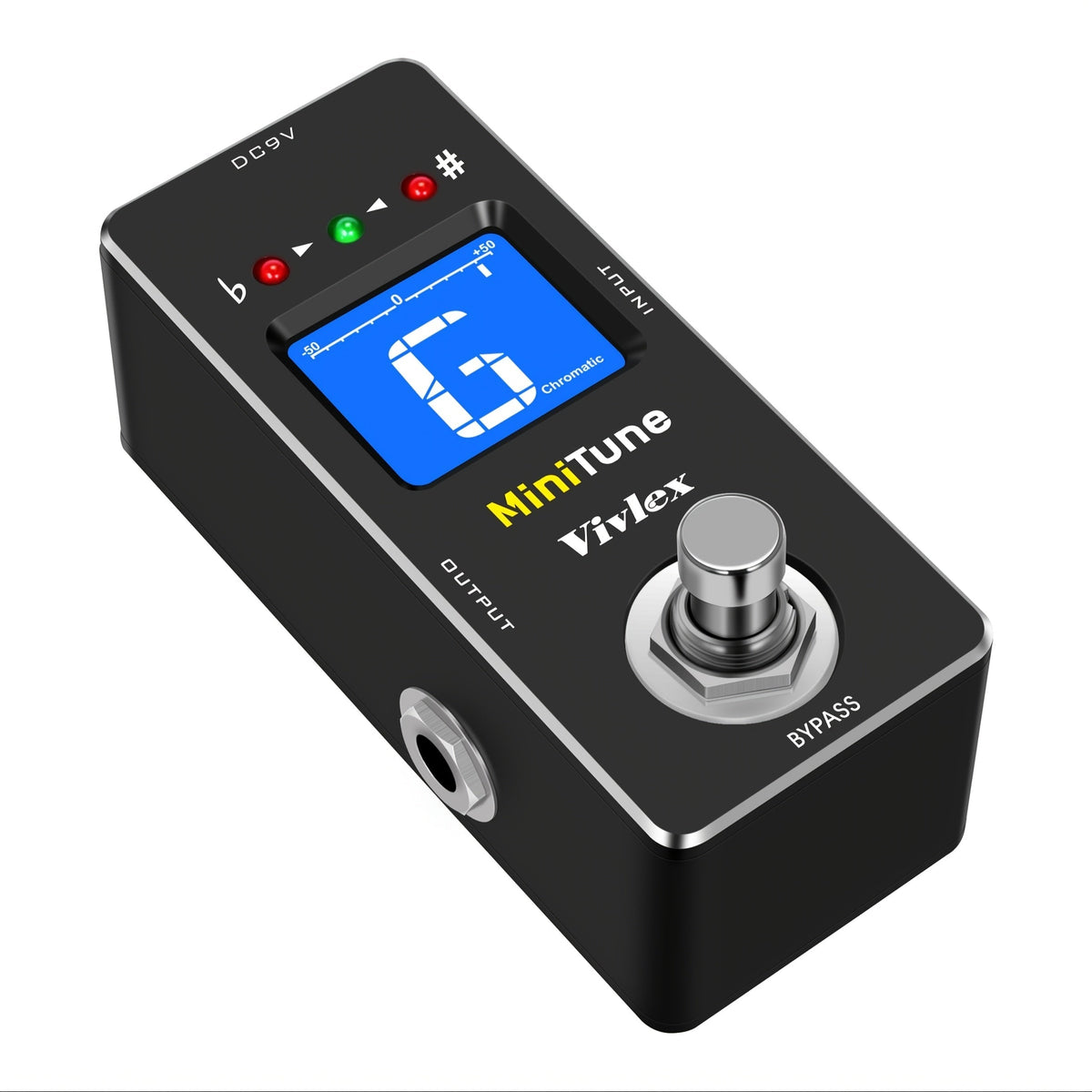 Compact Blue-Display Chromatic Tuner Pedal with 9.5 cm Pictured Length, DC 9V Input and Footswitch