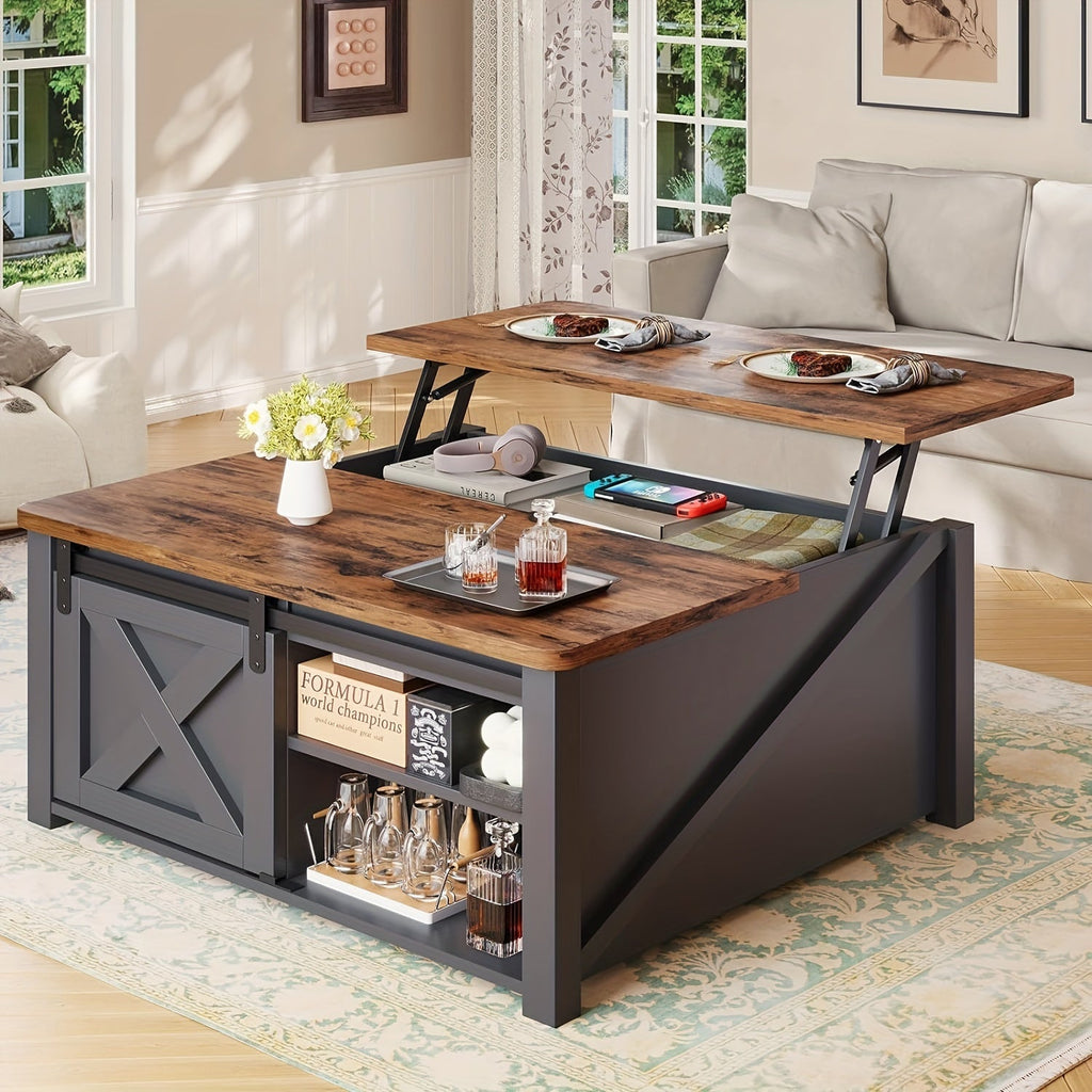 Coffee Table with Gas-Strut Lift Top, Hidden Compartment, Four Adjustable-Shelf Cubbies and Six Finish Options