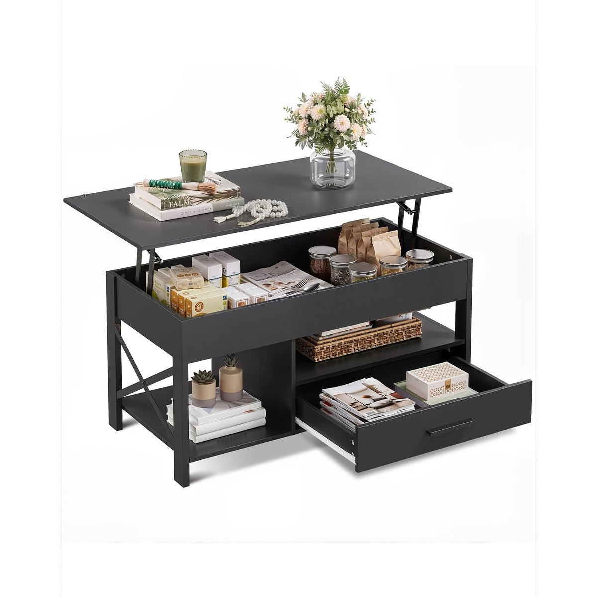 Coffee Table with Lift-Top Hidden Storage, Side Drawers and Five Wood-Look Finish Options for Living Rooms
