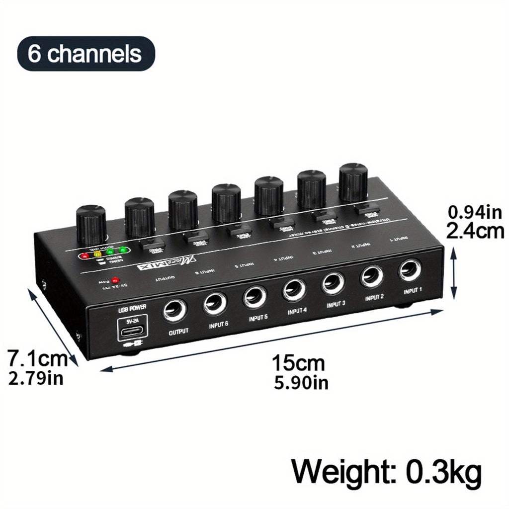 Compact 4/6/8-Channel Stereo Audio Mixer with USB-C Power and Level Controls