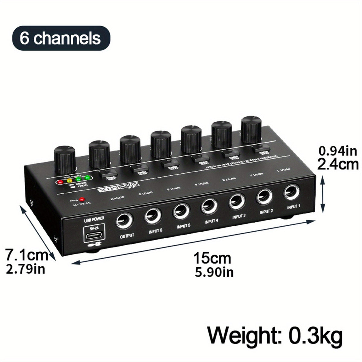 Compact 4/6/8-Channel Stereo Audio Mixer with USB-C Power and Level Controls