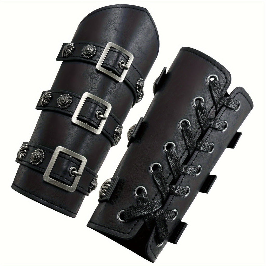 Costume Accessories Medieval Wrist Guard Pair with Faux Leather Panels, Buckle Straps and Black Finish
