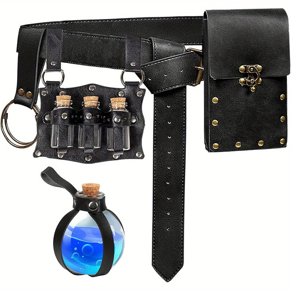 Costume Accessory Sets – Renaissance Costume Accessory Set 5 Pieces Belt Pouch Waist Bag Potion Vials Keyring