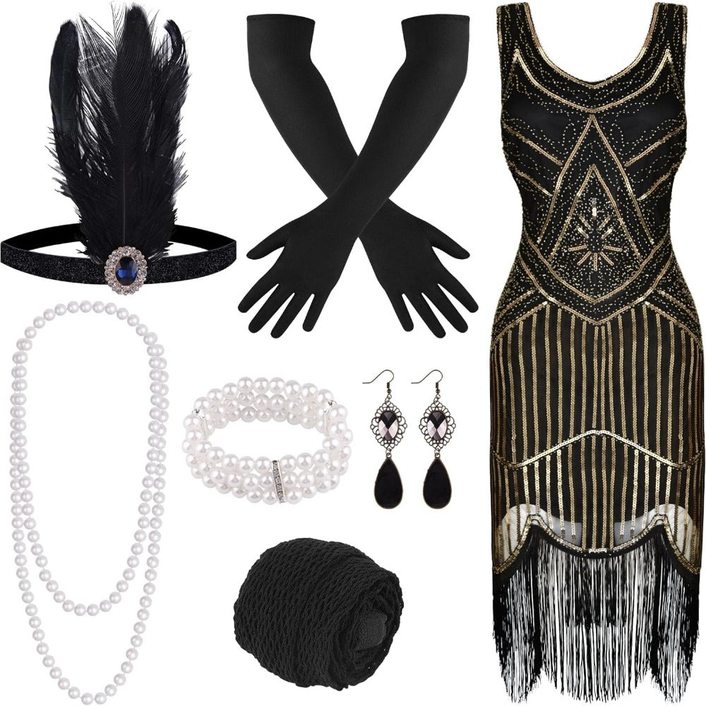 Costume Set - Flapper Dress 1920s for Women 10-Piece Sequin Beaded Fringe Midi Dress - product detail view 5
