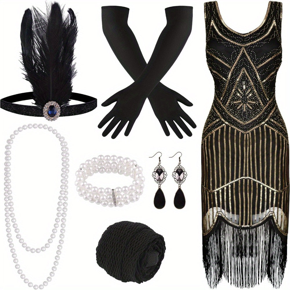 Costume Set - Flapper Dress 1920s for Women 10-Piece Sequin Beaded Fringe Midi Dress - product detail view 16