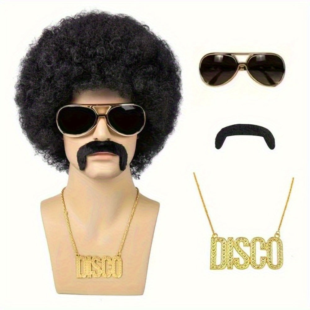 Costume Wigs & Sets - 70s Disco Wig Set for Men - 5 Piece Curly Short Afro Wig with Cap - product detail view 2