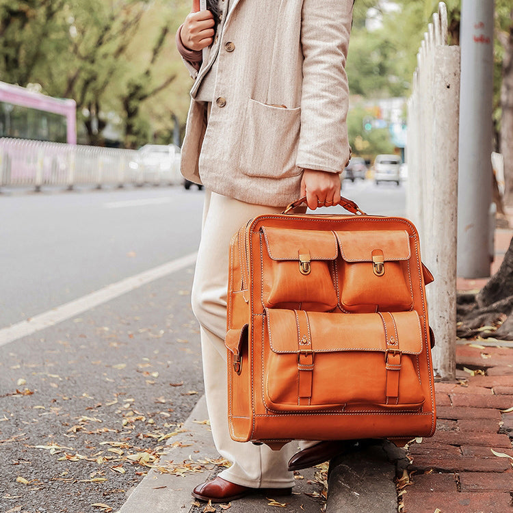 Full Grain Italian Leather Wheeled Carry-On Luggage,  Premium Unisex Luggage, Length 22 In