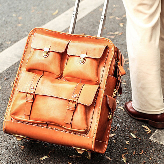 Full Grain Italian Leather Wheeled Carry-On Luggage,  Premium Unisex Luggage, Length 22 In