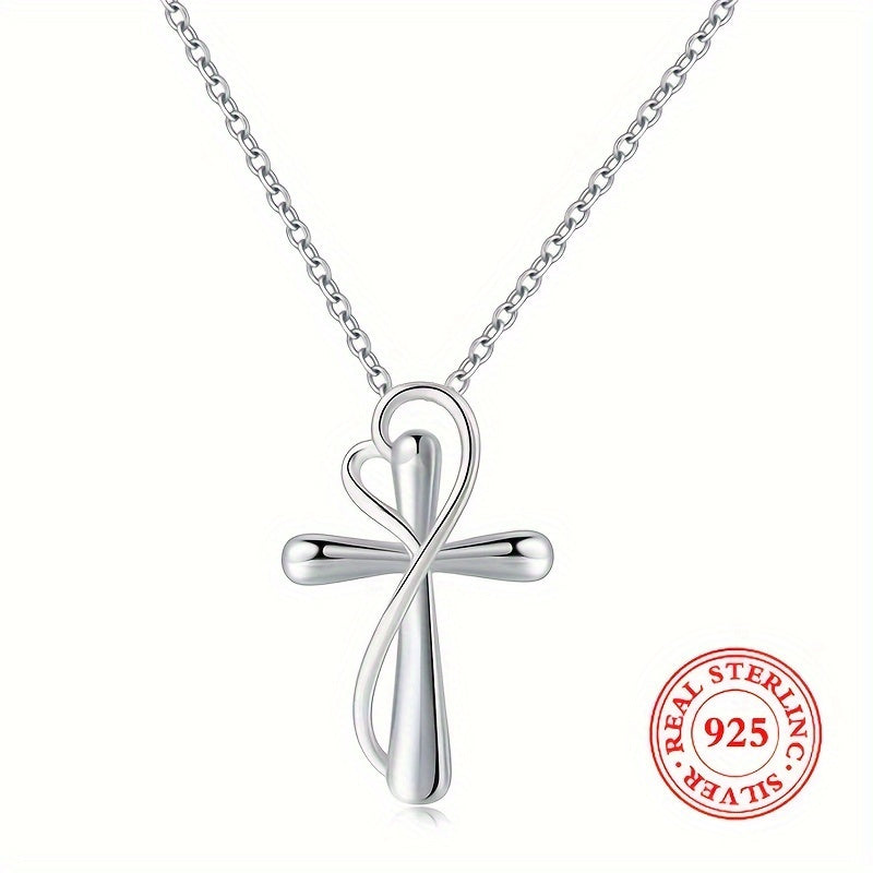 Heart-Loop Cross Pendant Necklace with White-Golden or Rose-Golden Accent Source-Labeled Finish Options