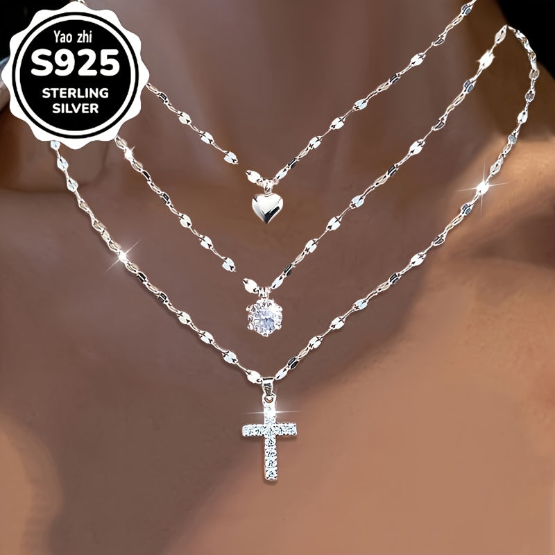 Lip and Heart Charm Necklace in 925 Sterling Silver with Cubic Zirconia and a Single Silver Color Option