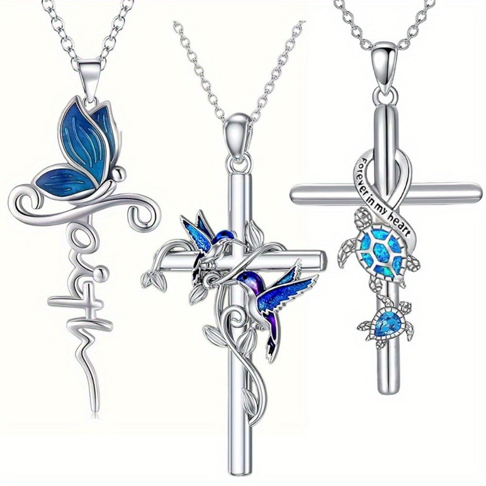 Cross Necklace - Pendant Set 3pcs Animal Charm Hummingbird Butterfly Turtle , Elegant - product detail view 3