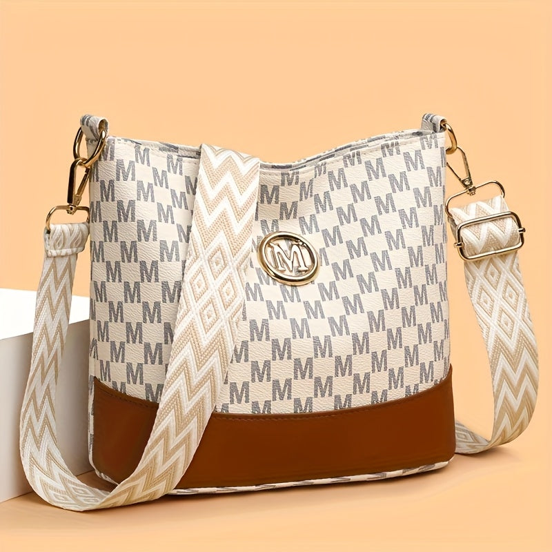 Woven Check Crossbody Hobo Bag for Women with Wide Strap, Zip Top and Two Neutral Everyday Colors