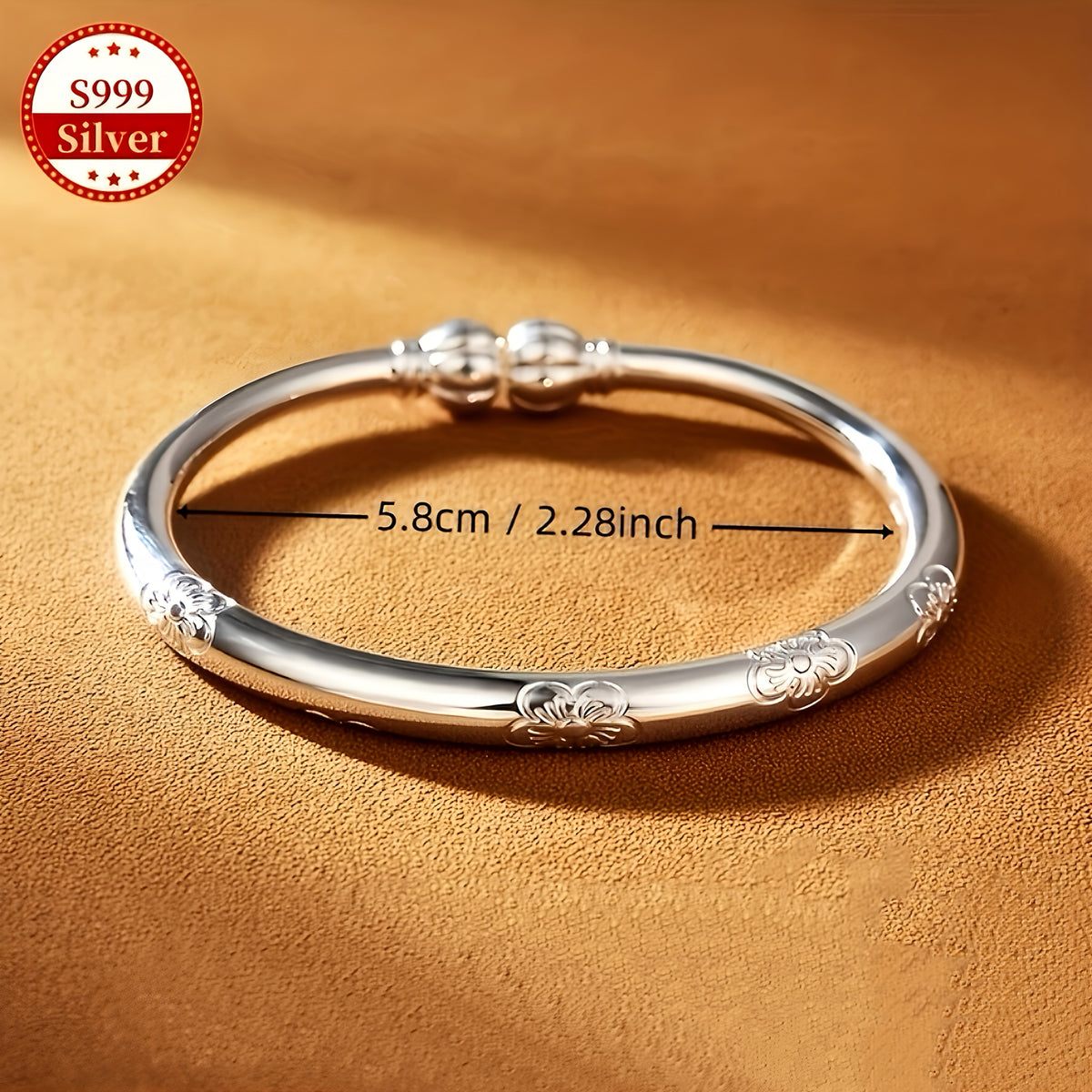 Bracelet, Tribal-Pattern Open Bangle with S999 Stamp, Silvery Finish and Minimalist Cuff Profile