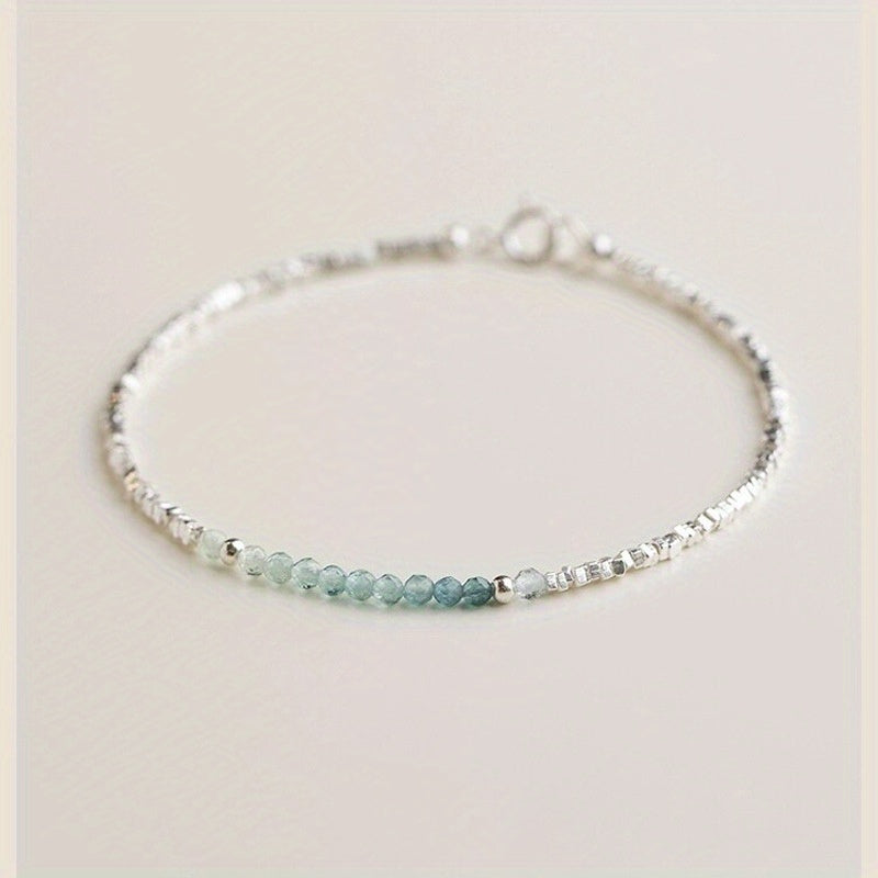 Delicate Silver-Tone Chain Bracelet with Pale Aqua Bead Row, Adjustable Extender and Lobster-Clasp Closure