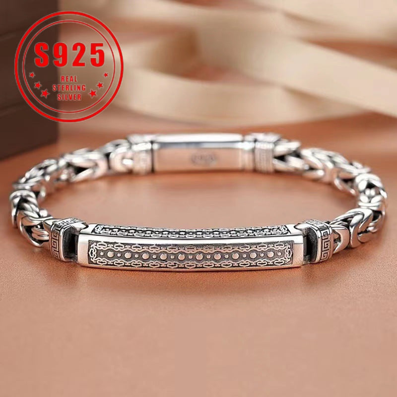 Bracelet, Open Cuff with S925 Stamp, Engraved Geometric Panels and Adjustable Silvery-Tone Wrist Design