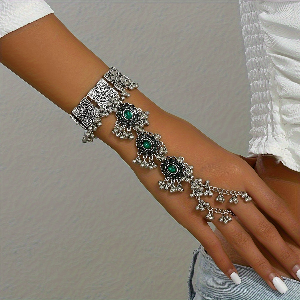 Hand Chain Bracelet with Three Oval Cabochon-Style Centers, Ring Links and Turquoise- or Green-Color Options